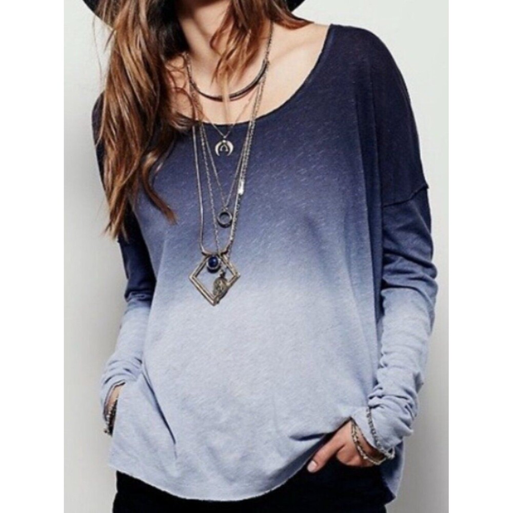 Free People Starry Night Tee Blue Navy Purple Periwinkle Linen Blend Size Small